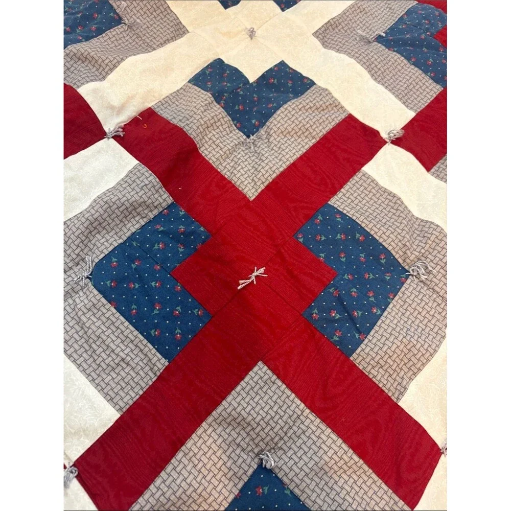 Hand Crafted Red, Blue & Cream Geometric Patchwork Quilt